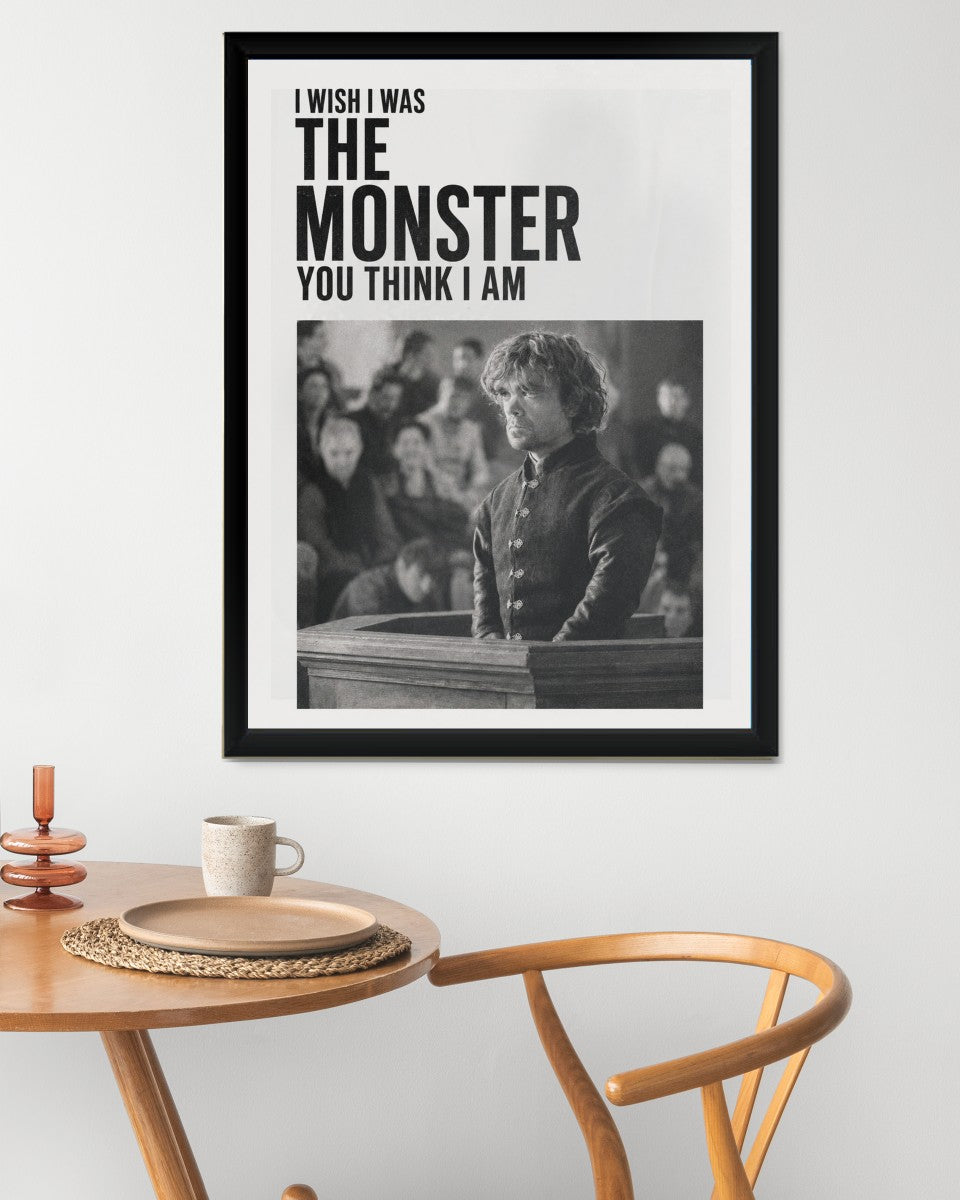 A striking view of the Tyrion Lannister poster featured in a modern mockup, highlighting its engaging visual contrast.