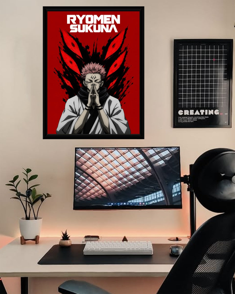 Ryomen Sukuna poster featured in a cozy workspace, perfect for anime enthusiasts.