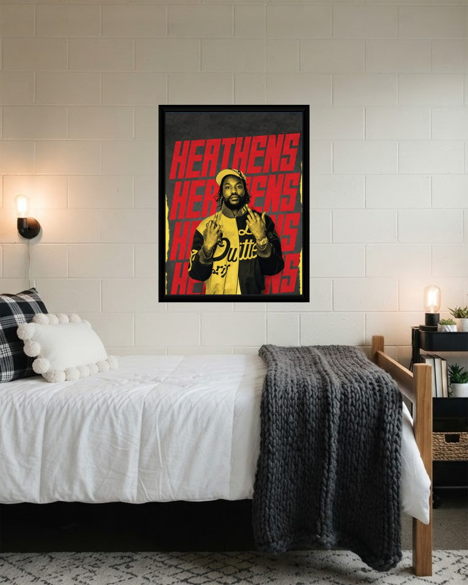 Meek Mill HEATHENS poster elegantly placed in a contemporary office space, enhancing the atmosphere.