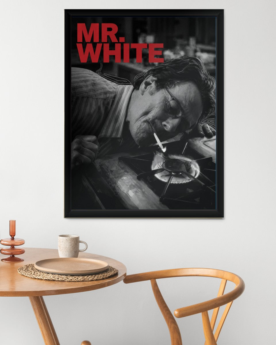 Walter White poster displayed on a rustic office wall, enhancing the room's character.