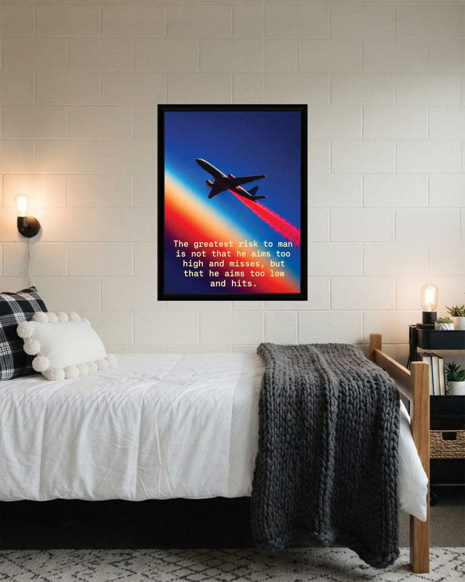 A colorful 'Aim High, Take Risks' poster set against a stylized backdrop, perfect for a vibrant home office or study area.