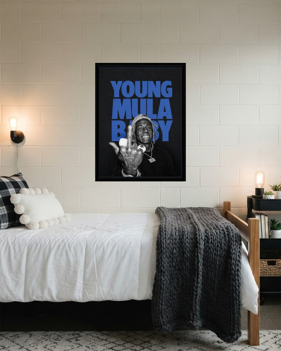 Lil Wayne poster in a trendy office space, adding a pop of color to the workspace.