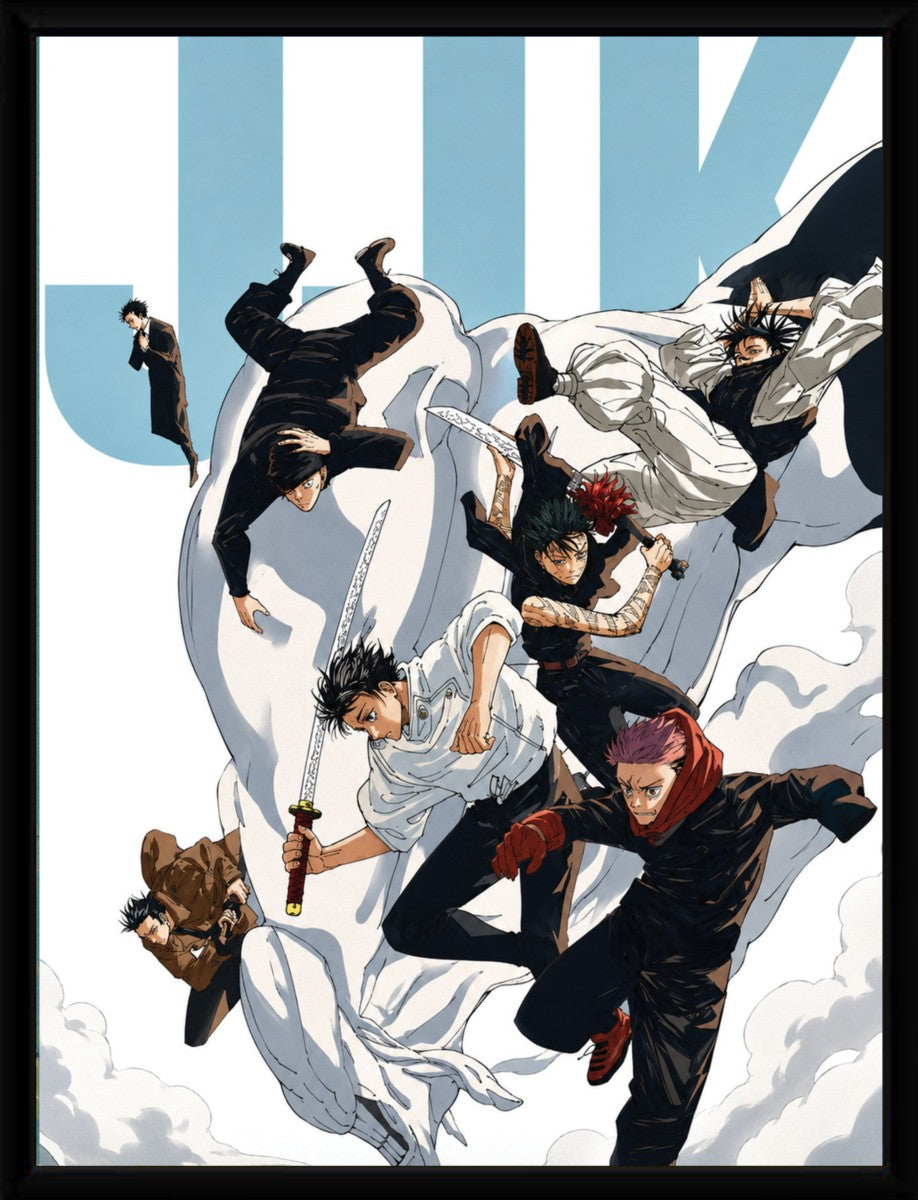 The Jujutsu Kaisen action poster elegantly displayed in a modern frame, enhancing its visual appeal.