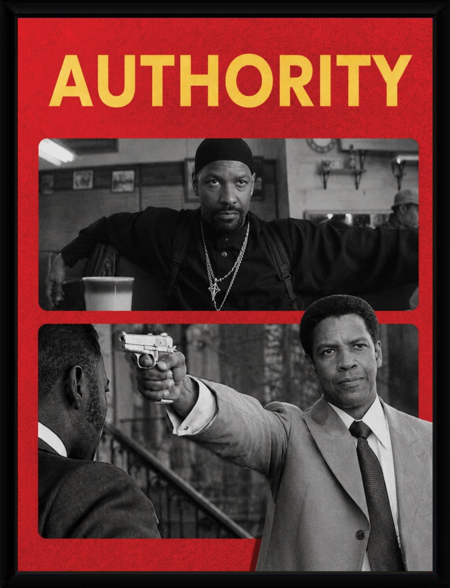 Denzel Washington Authority Poster displayed in a sleek frame, showcasing its vibrant colors.