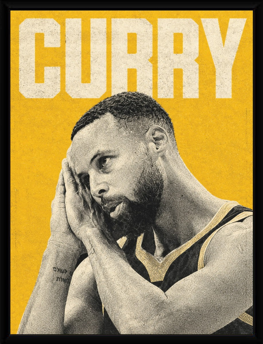 Framed poster showcasing Stephen Curry with bold text 'CURRY' on a vibrant yellow backdrop.
