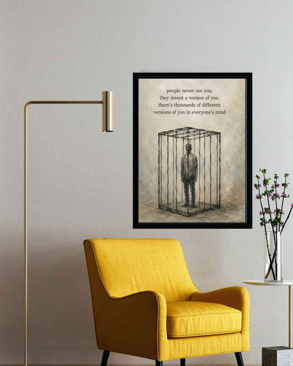 The 'Versions of You' poster styled in a modern workspace, adding a pop of color.