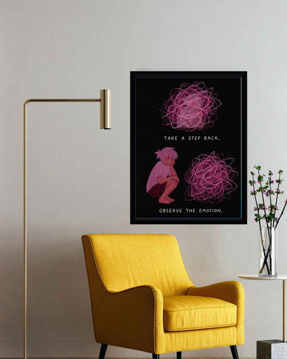 The 'Take a Step Back' poster styled in a modern room setting, showcasing its motivational message.