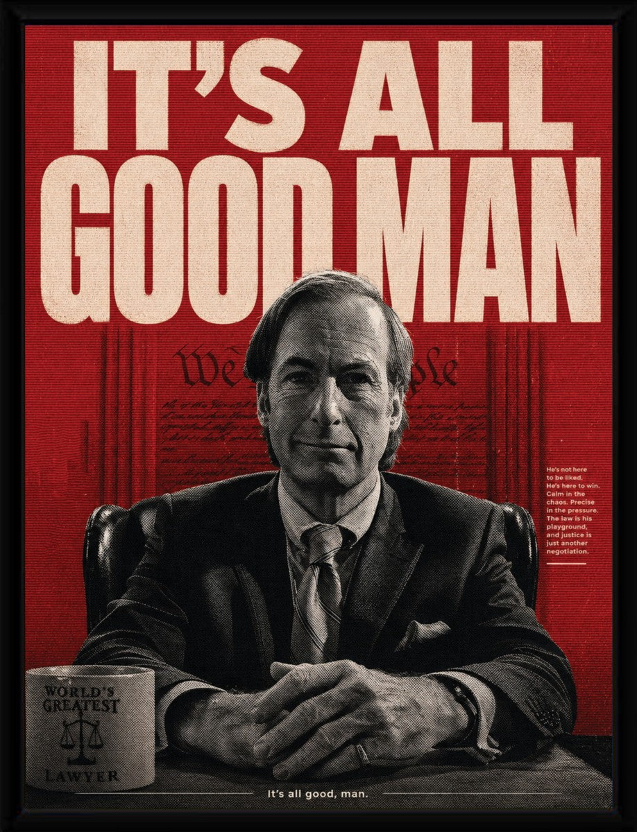The Saul Goodman poster elegantly framed, showcasing its bold colors and dynamic design.