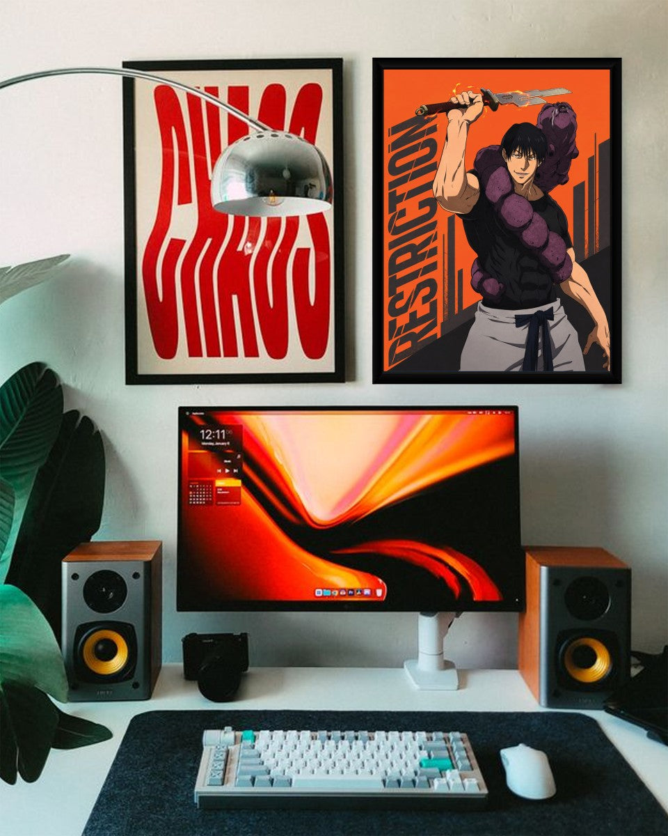 Toji Fushiguro poster set in a stylish office, accentuating its bold and colorful aesthetic.