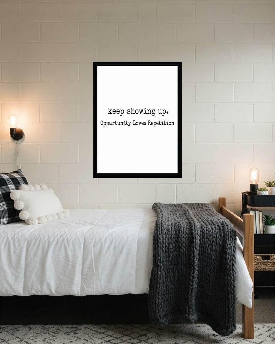 The 'Keep Showing Up' poster in a chic setting, highlighting its light aesthetic and inspirational tone.