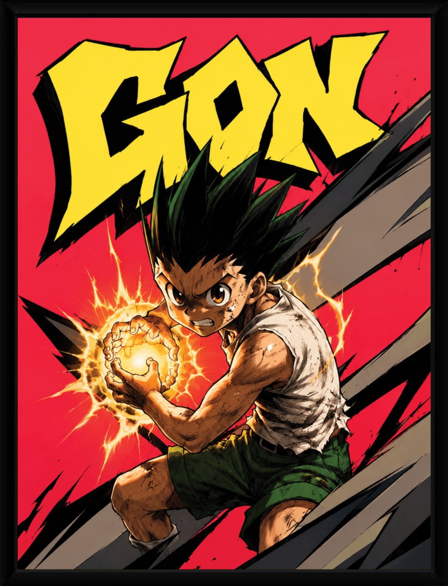 The Gon poster displayed in a sleek black frame, showcasing its vibrant artwork.