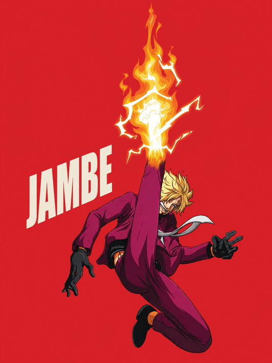 A dynamic poster featuring Sanji from anime, mid-kick with flames and a red background.