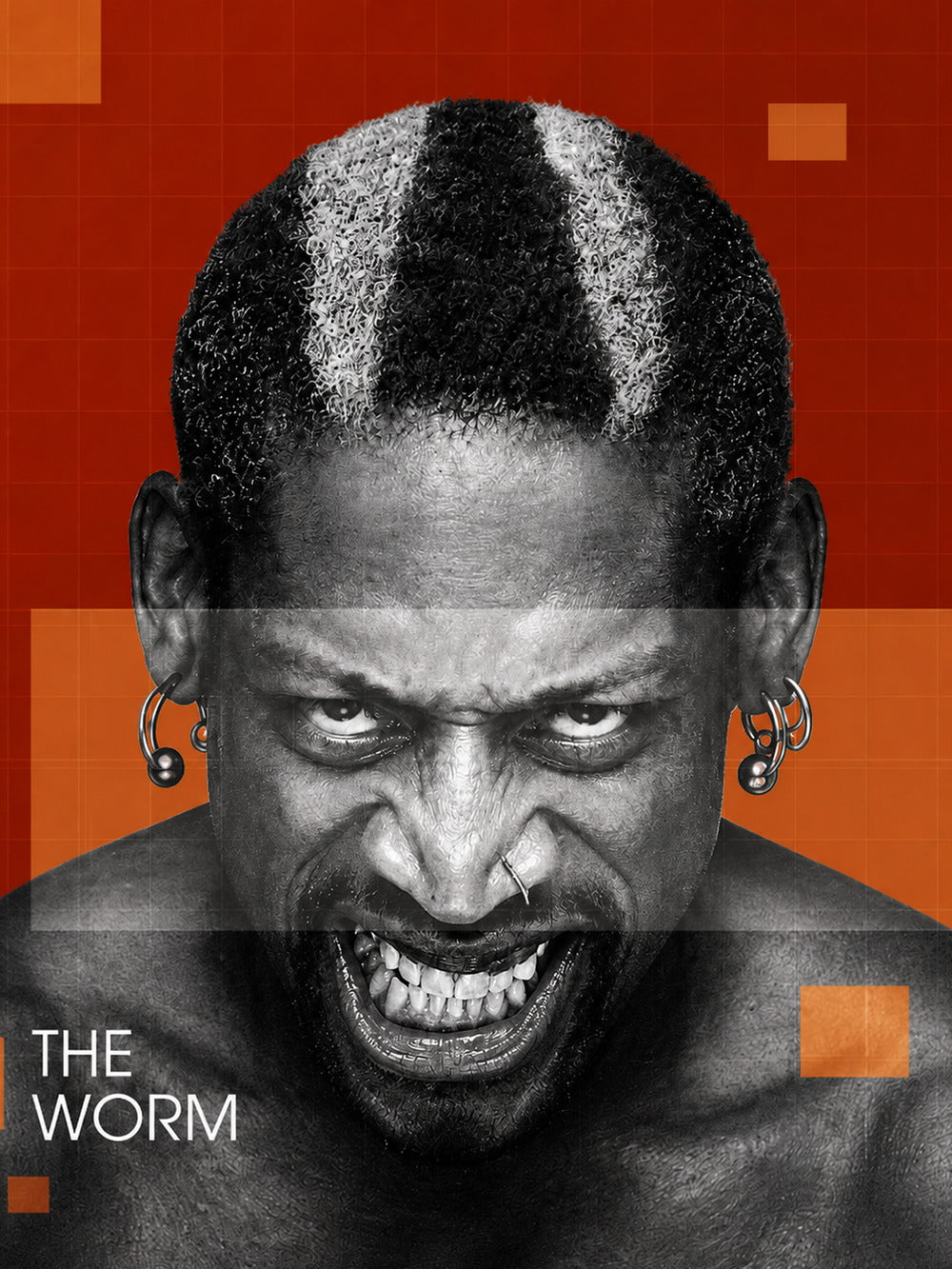 A vibrant poster featuring Dennis Rodman, showcasing his iconic hairstyle and fierce expression.