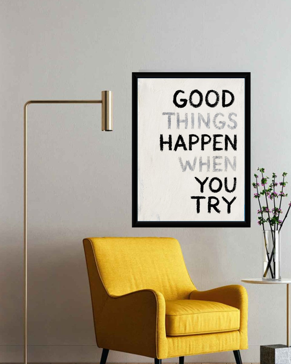 The motivational poster displayed on a clean desk with minimalistic decor.