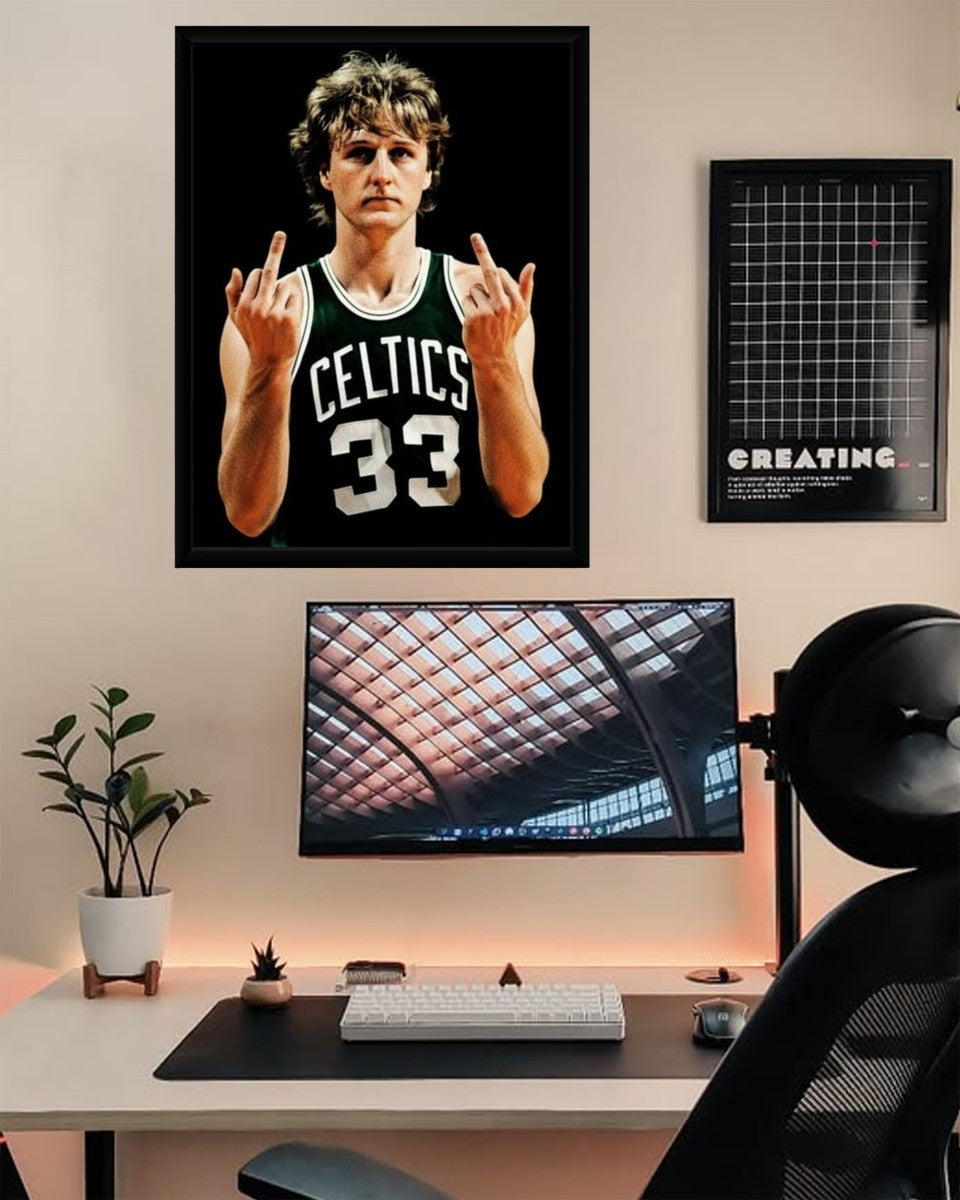 Larry Bird poster showcased in a vibrant living space, emphasizing athletic passion.