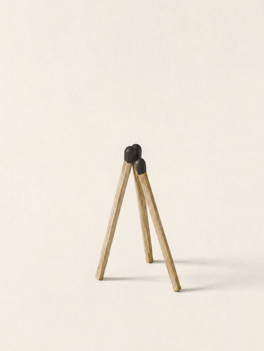 A minimalist artwork featuring an artistic arrangement of matchsticks on a light background.