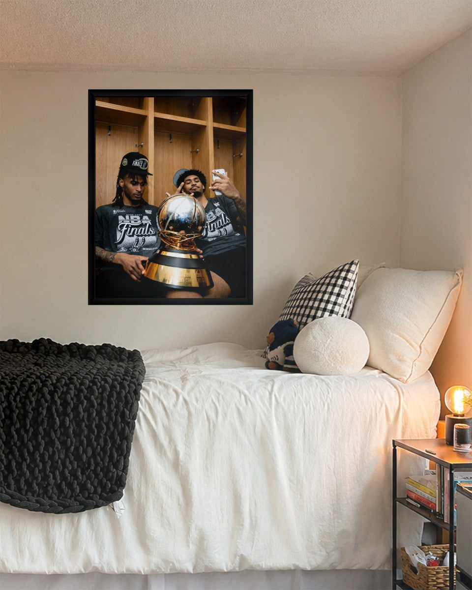 The Stephon Castle and Harper Spurs poster styled in a contemporary living room, showcasing its festive atmosphere.