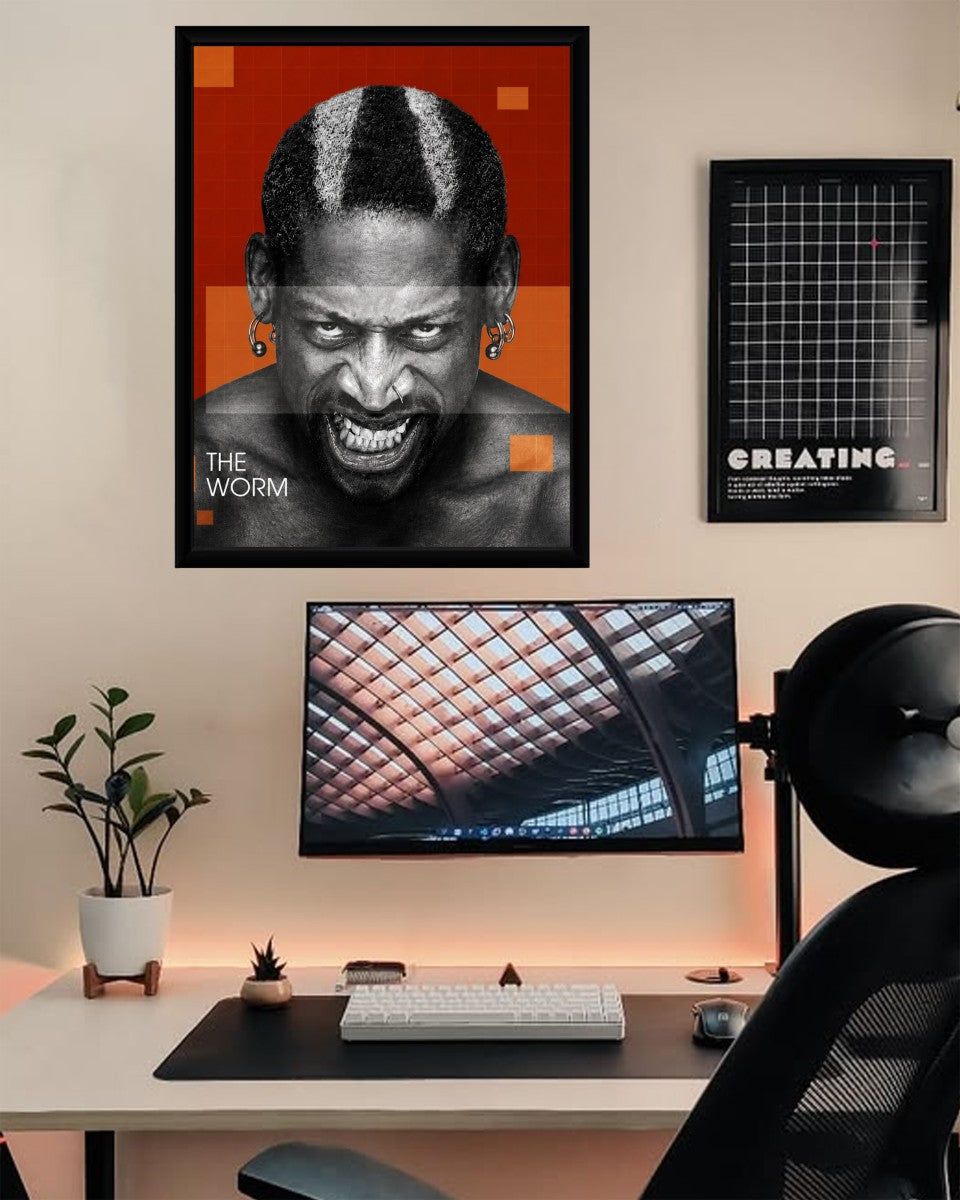The Dennis Rodman poster styled in a creative workspace, adding an energetic and motivational vibe to the room.