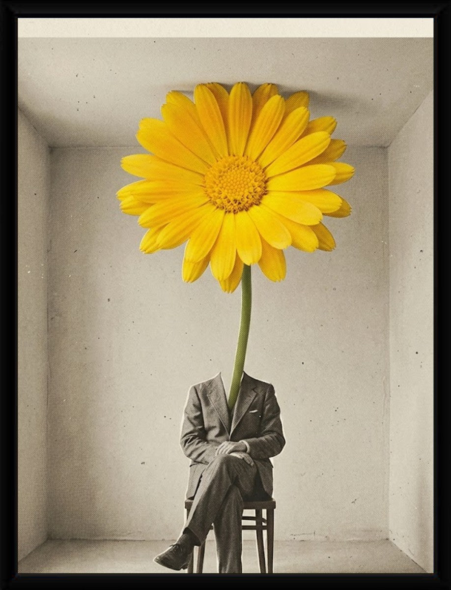 The Man with Sunflower poster displayed in a stylish black frame, showcasing its elegant design.