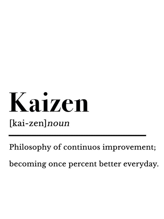 A minimalist poster featuring the word 'Kaizen' and its definition, emphasizing continuous improvement.