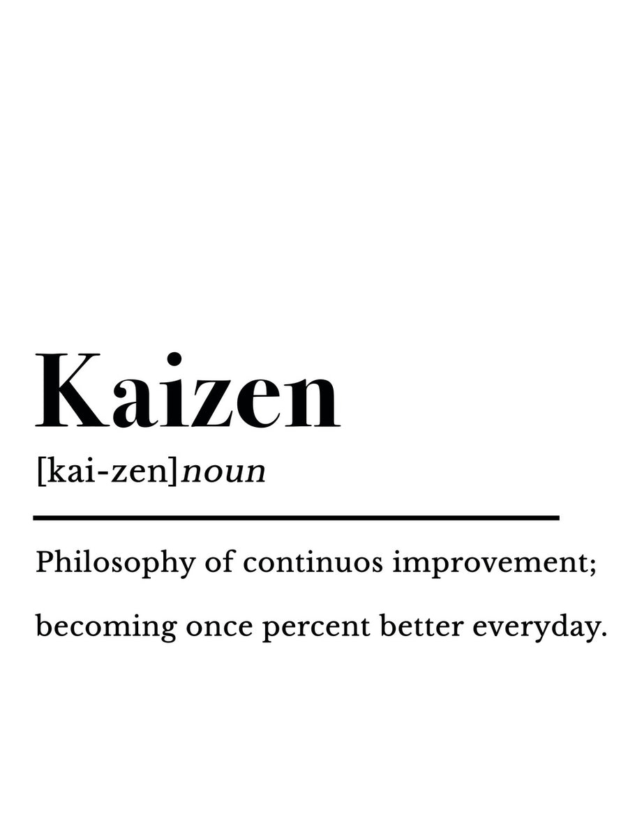 A minimalist poster featuring the word 'Kaizen' and its definition, emphasizing continuous improvement.