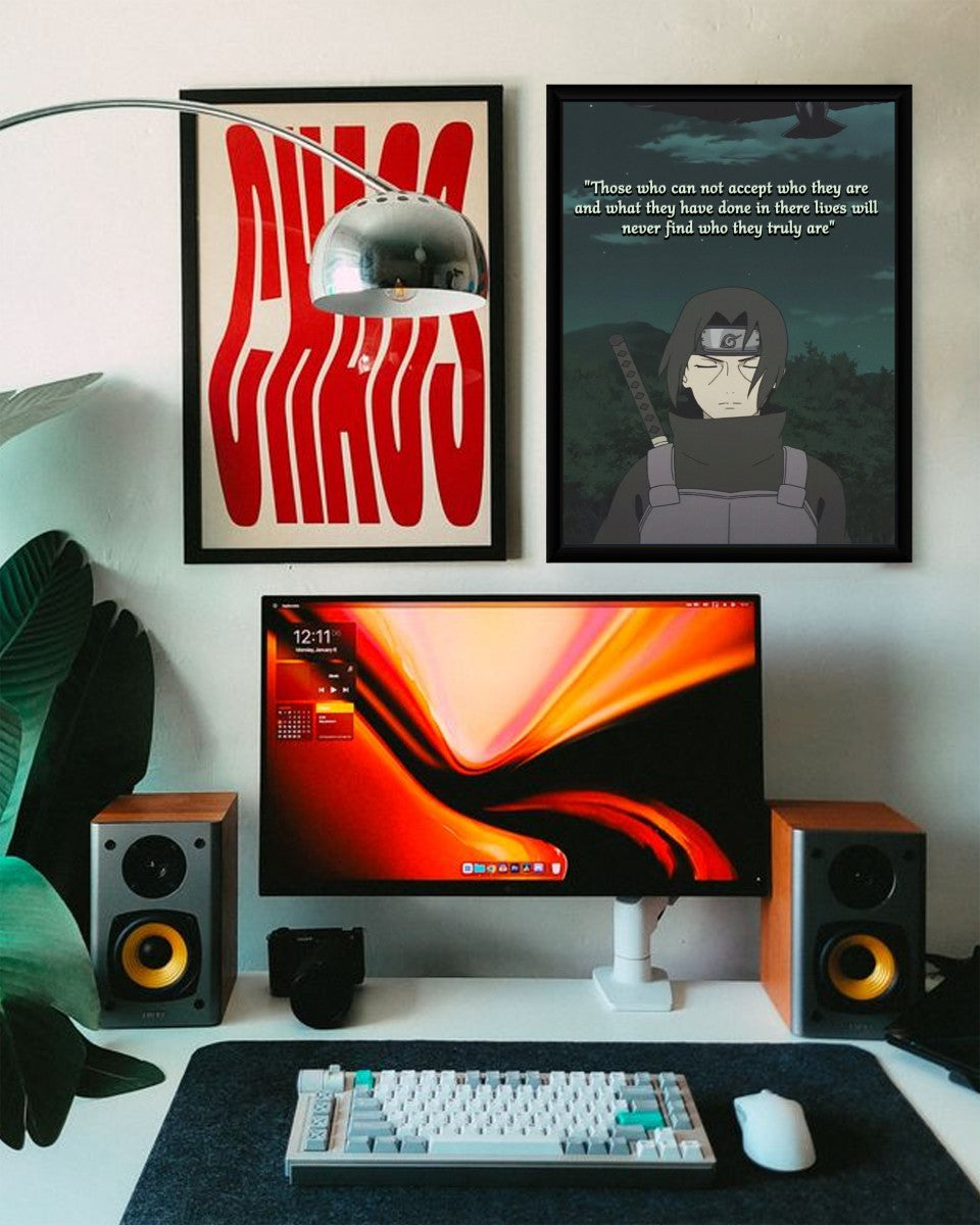 The Itachi Uchiha poster shown in a modern office space, enhancing the room with anime-inspired decor.