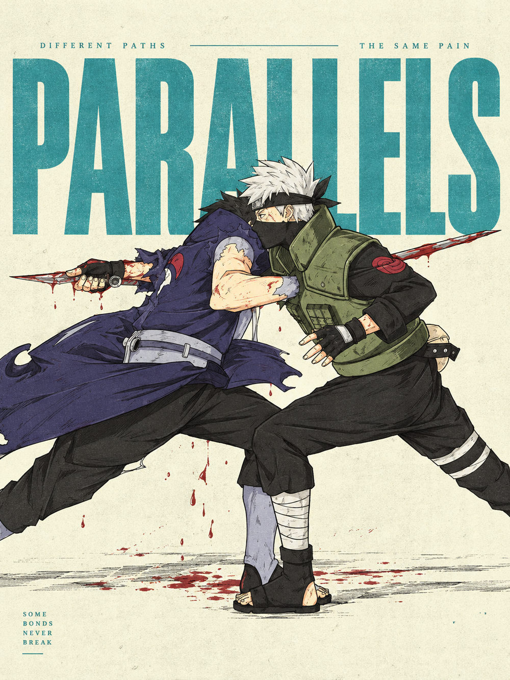 A dramatic poster featuring Itachi and Obito in an intense confrontation, outlined by emotional quotes.