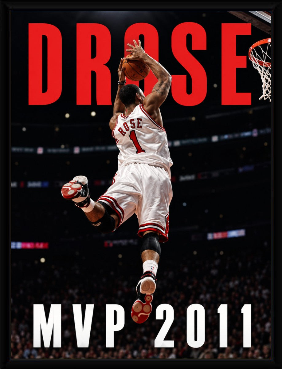 Derrick Rose MVP poster displayed in a sleek black frame with a modern aesthetic.