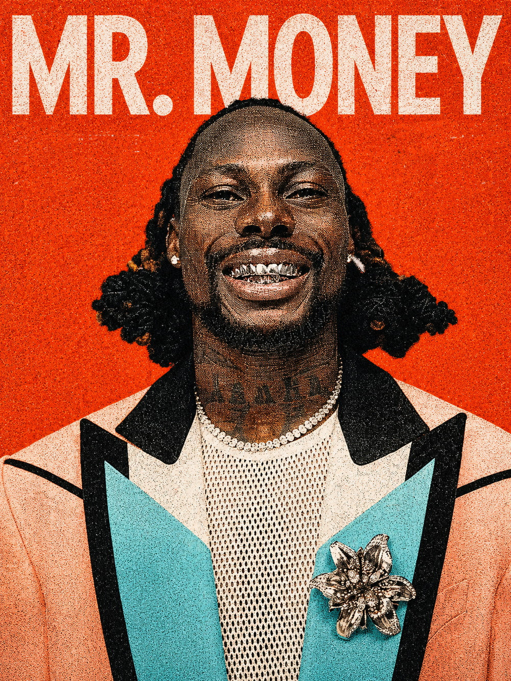 A colorful poster featuring the artist Asake with the text 'MR. MONEY' in a vibrant design.