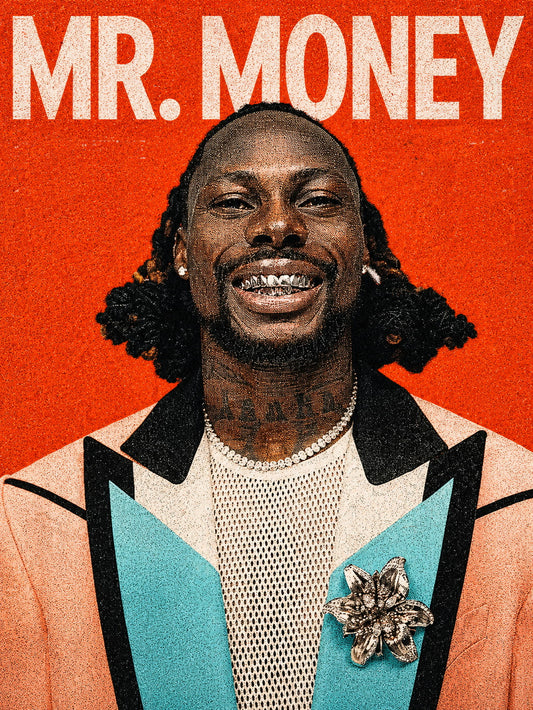 A colorful poster featuring the artist Asake with the text 'MR. MONEY' in a vibrant design.