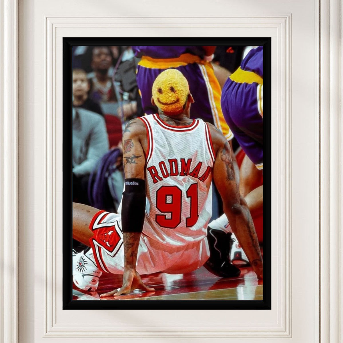 Dennis Rodman poster styled in a modern living room setting.