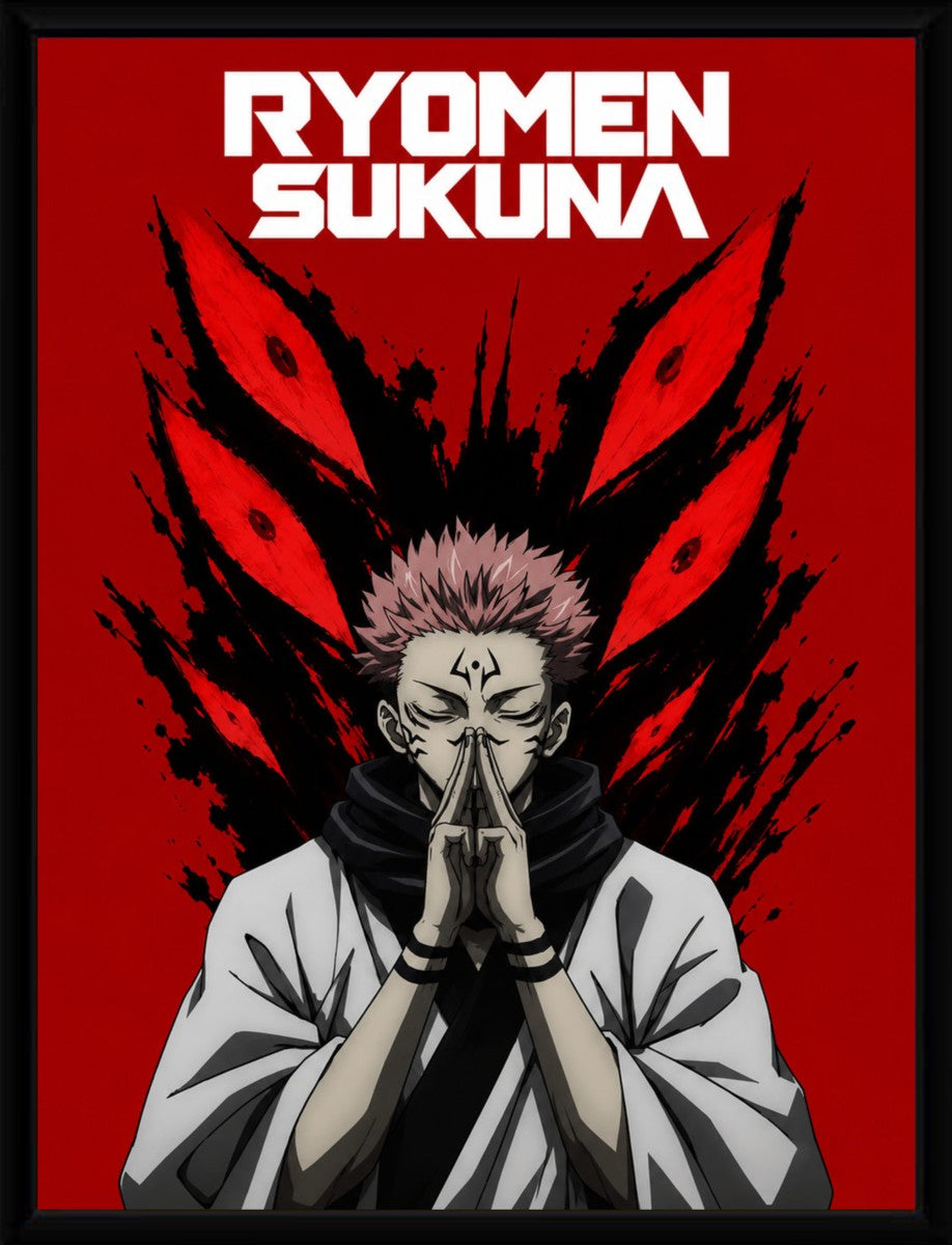 Ryomen Sukuna poster displayed in a sleek frame, emphasizing its vibrant colors and design.