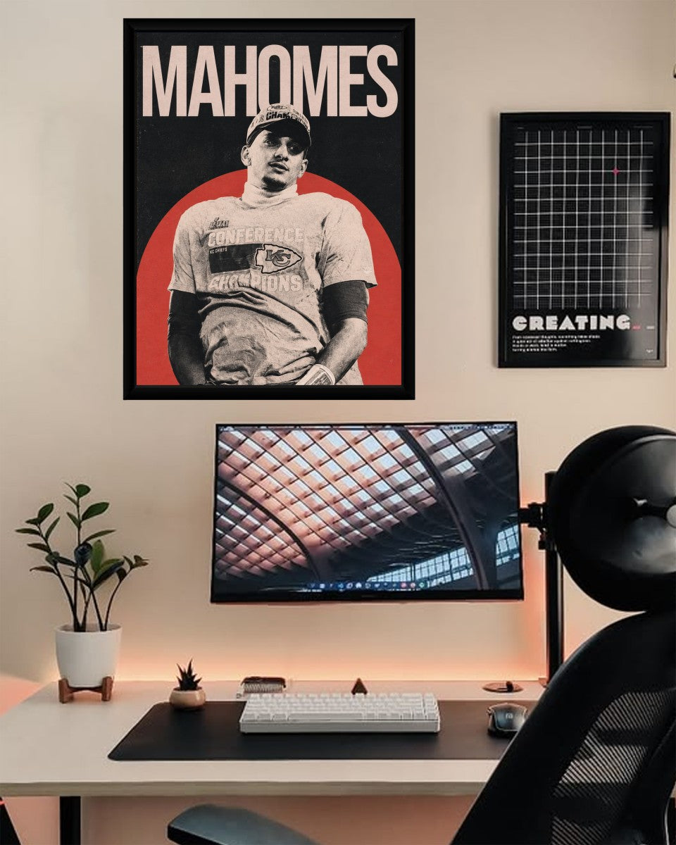 The Patrick Mahomes poster presented in a contemporary living space.