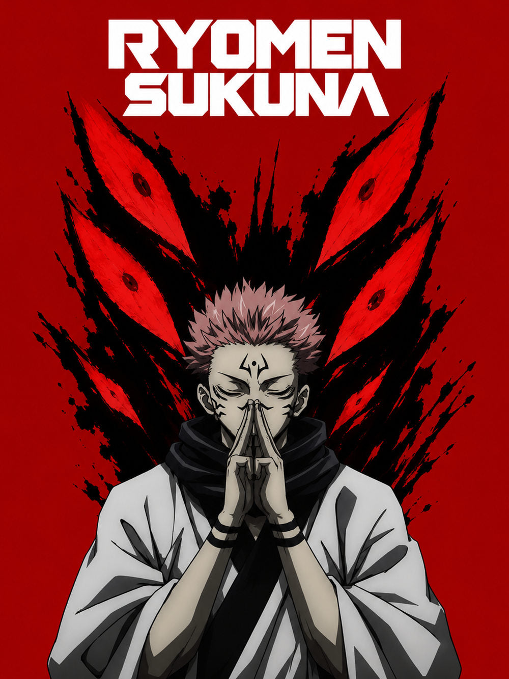 Ryomen Sukuna poster showcasing the character in vivid detail with a striking red background.