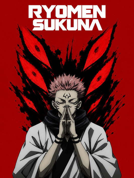 Ryomen Sukuna poster showcasing the character in vivid detail with a striking red background.
