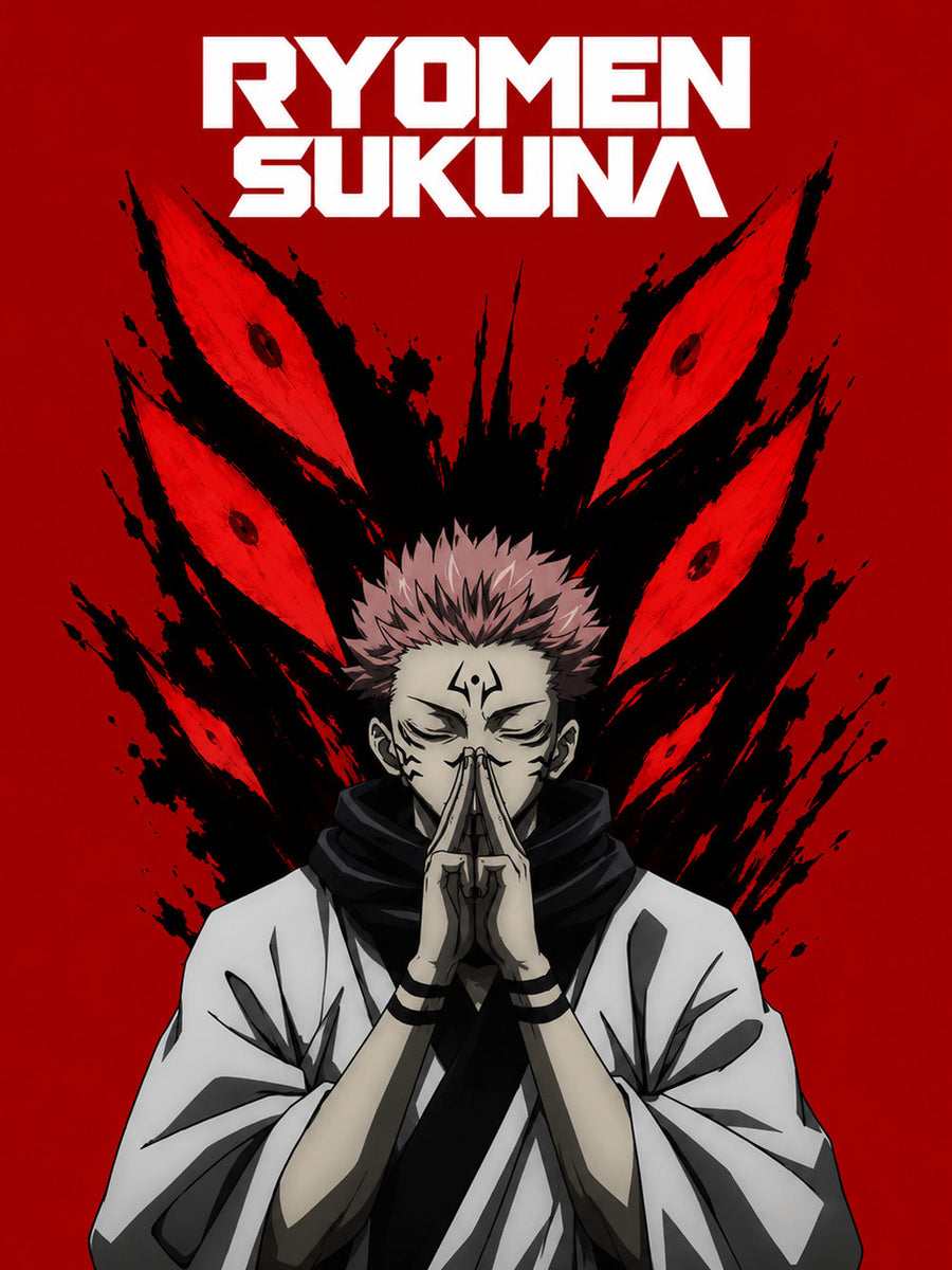 Ryomen Sukuna poster showcasing the character in vivid detail with a striking red background.