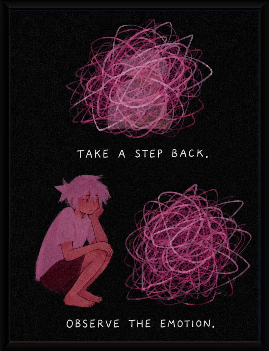The 'Take a Step Back' poster displayed in a sleek black frame, enhancing its motivational message.