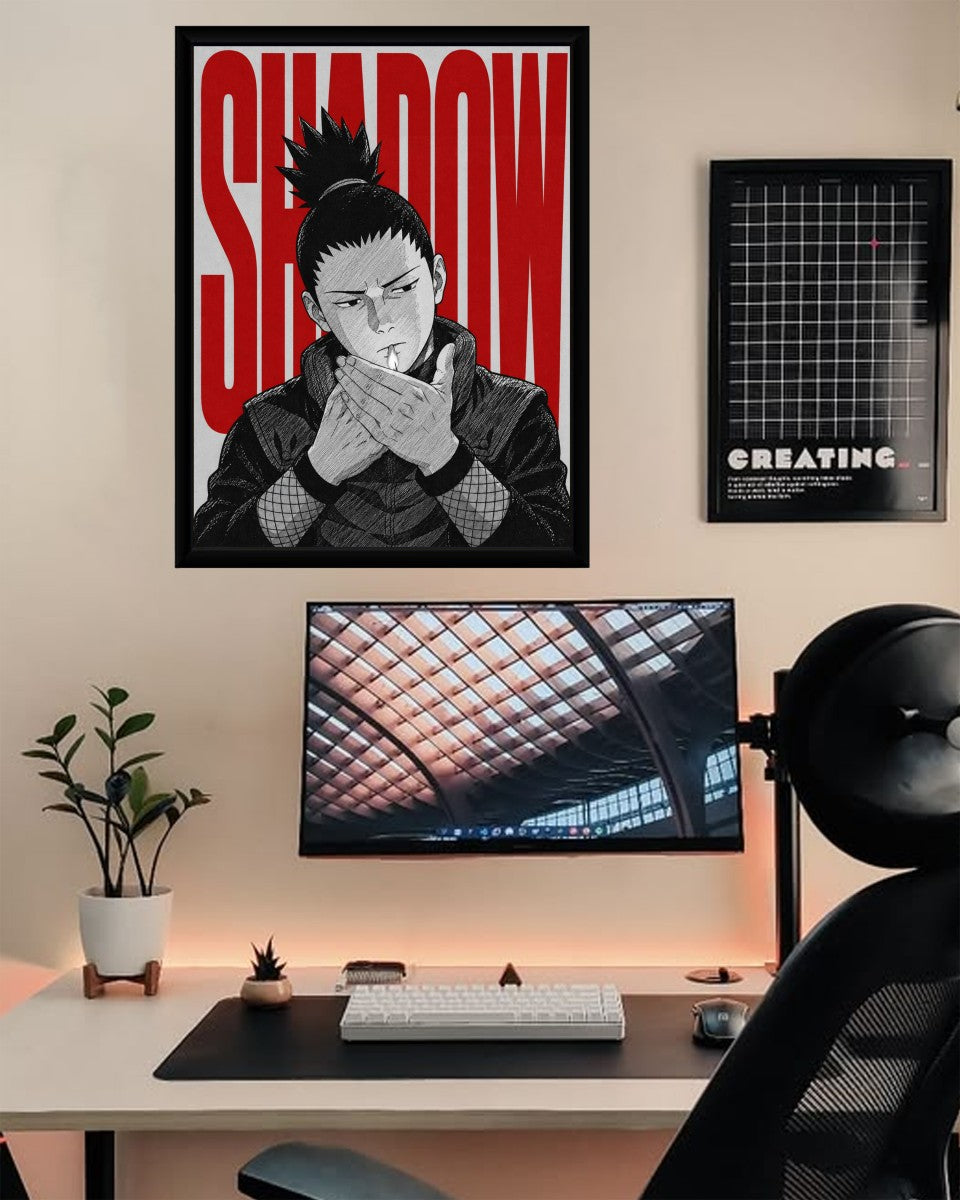 The Shikamaru Nara poster elegantly showcased in a chic living room setting, enhancing the decor with its dynamic design.