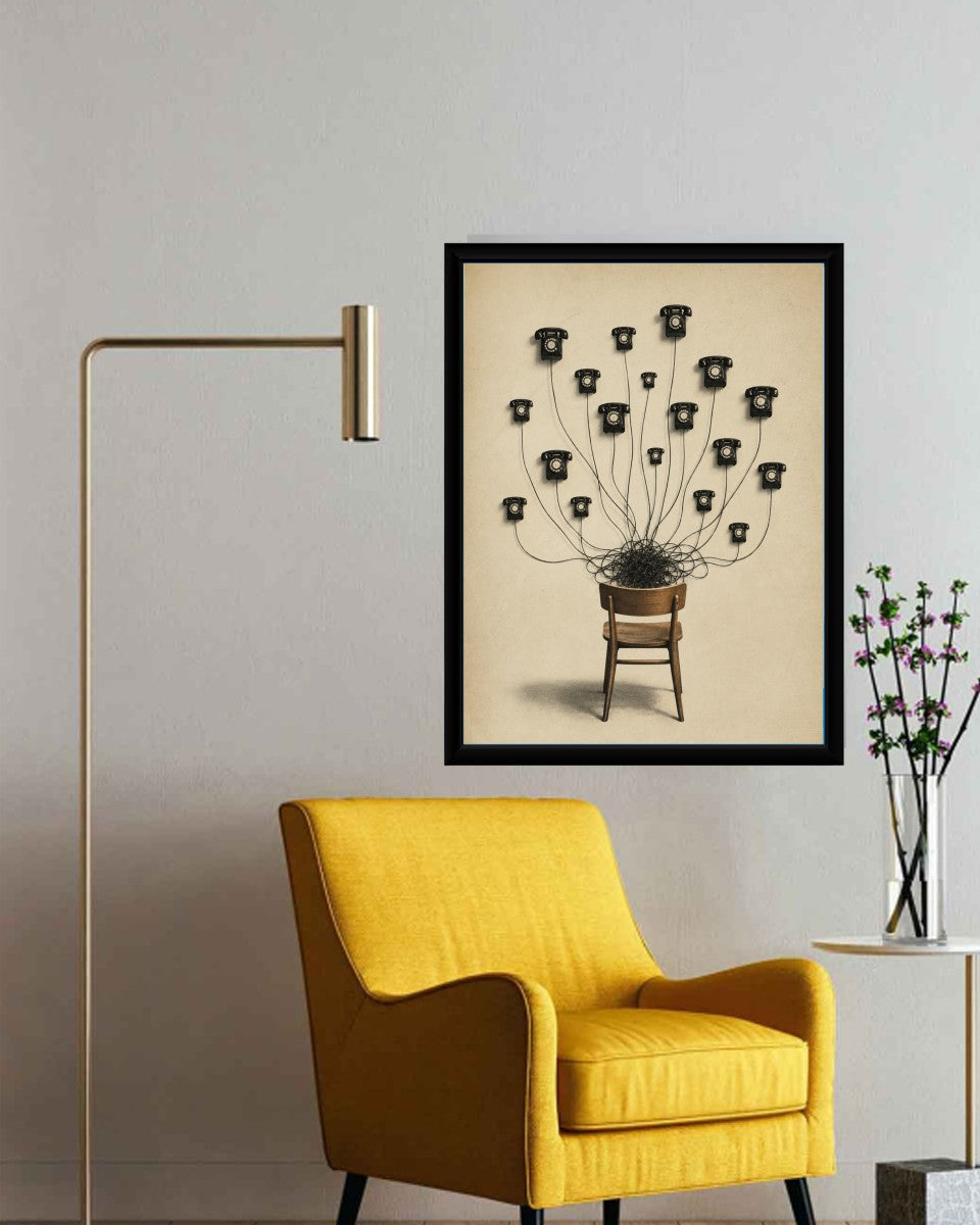 The Telephone Mind Poster styled in a contemporary office space, adding a touch of creativity to the decor.
