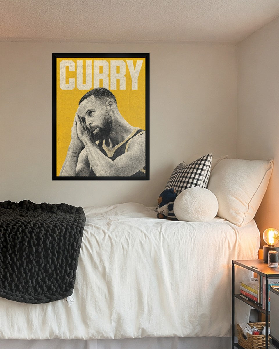 Steph Curry poster displayed in a styled setting, highlighting the dynamic yellow background.