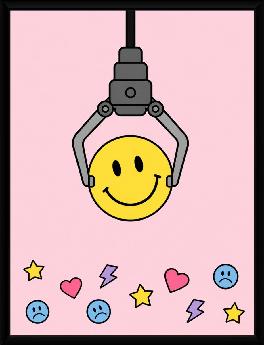 The Smiley Face poster displayed in a sleek, modern frame, enhancing its colorful design.