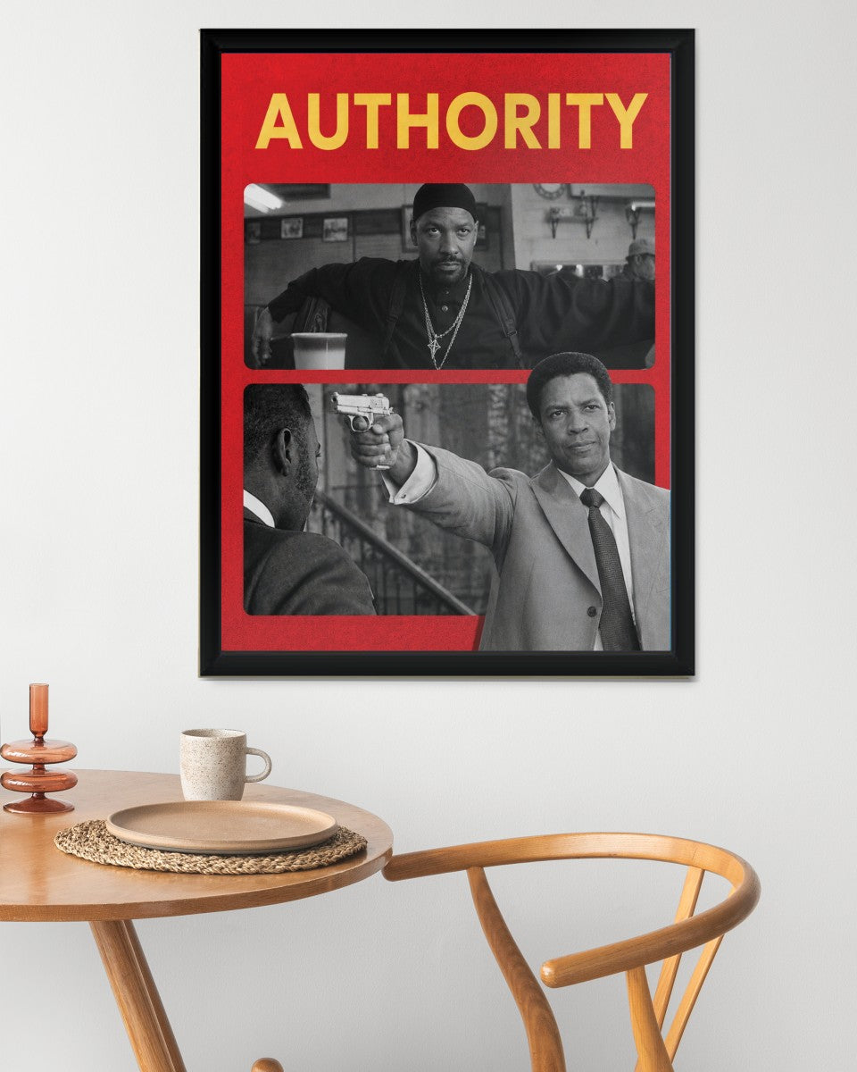 A vibrant Denzel Washington Authority Poster artfully arranged in an office space.