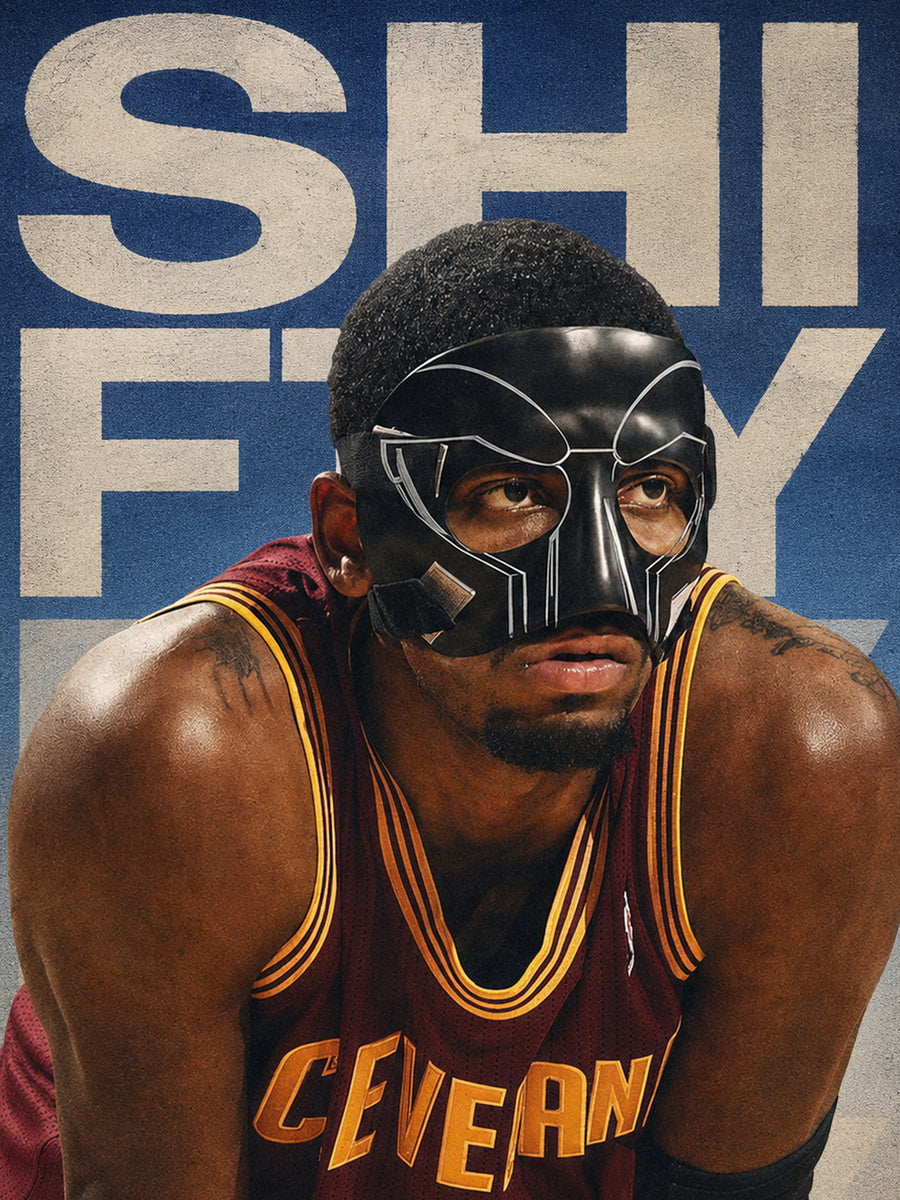 A vibrant poster featuring Kyrie Irving in an intense moment on the basketball court with the word 'SHIFTY' prominently