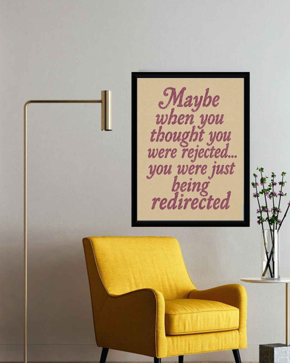 The Being Redirected poster displayed in a stylish office setting.