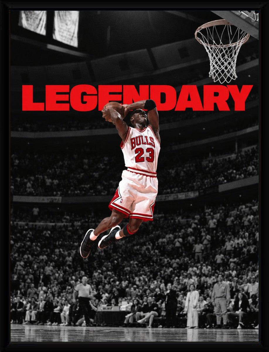 Michael Jordan Legendary Poster elegantly framed, showcasing an iconic basketball moment.