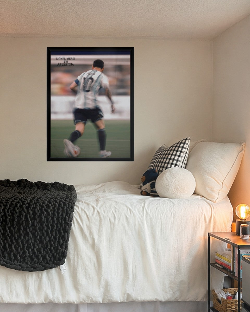 Lionel Messi poster styled in a modern living room setting, enhancing the ambiance.
