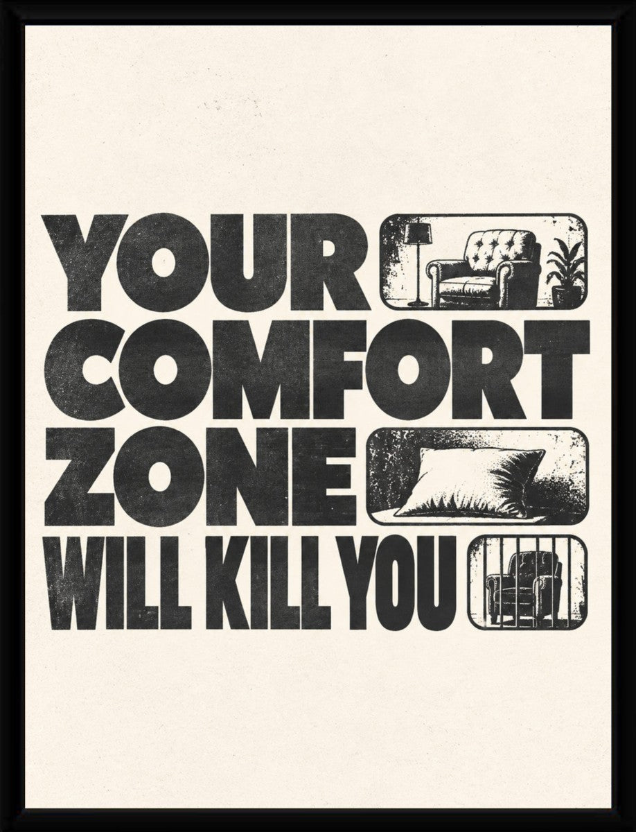 The motivational quote poster displayed in a sleek black frame.