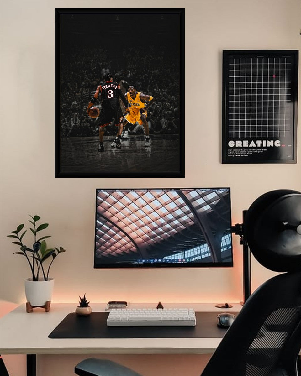 The Iverson vs Kobe poster showcased in a chic mockup environment, highlighting its appeal to sports lovers.