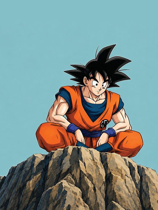 A vibrant poster featuring Goku, poised atop a rocky outcrop against a blue background.