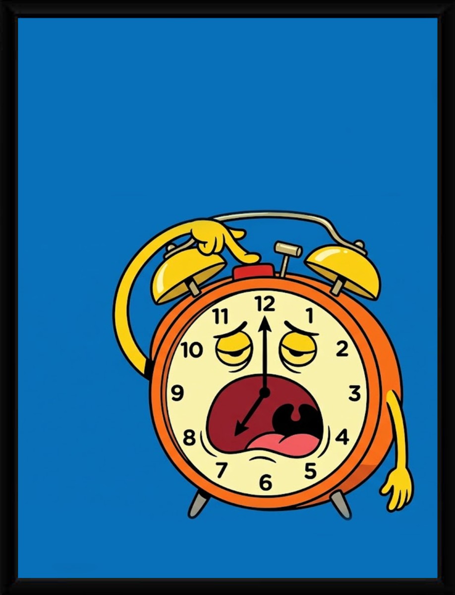 Sad Alarm Clock Poster displayed in a stylish black frame, enhancing the vibrant colors.